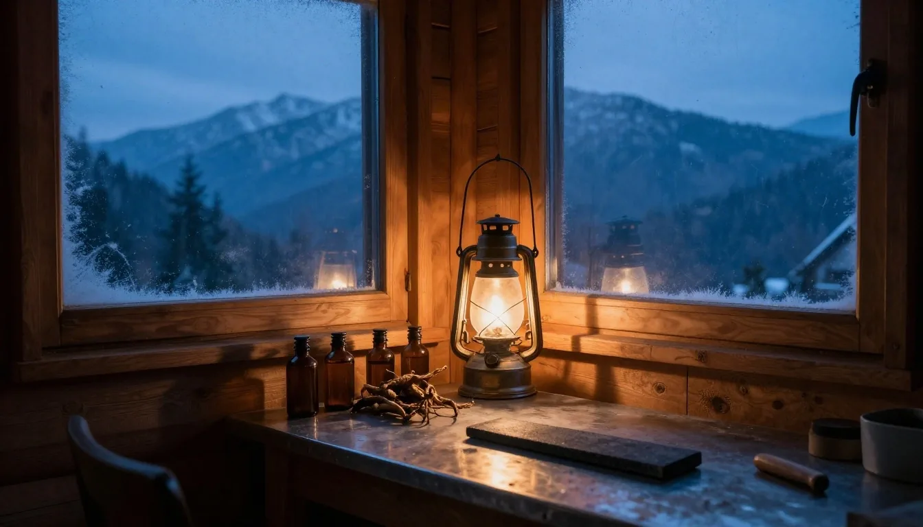 Warm timber interior at dusk with supplement tins on a dark zinc table
