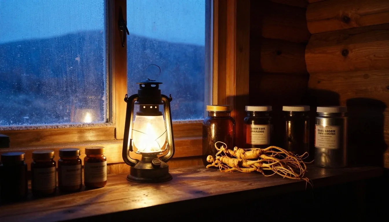 Dark timber hut interior at dusk with warm lamp light