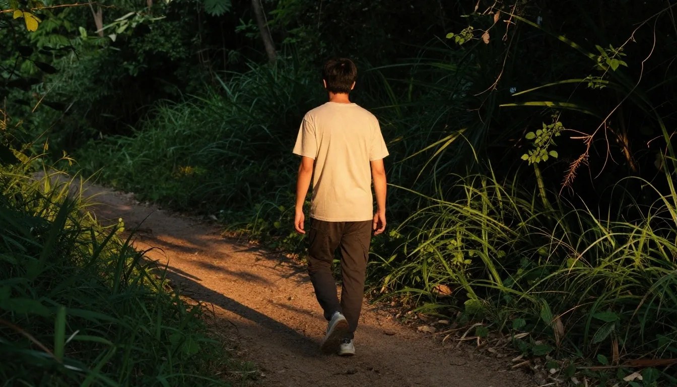 Man walking on an outdoor trail at golden hour