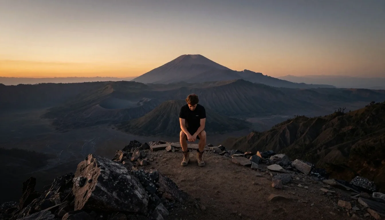 Man on mountain ridge at golden hour