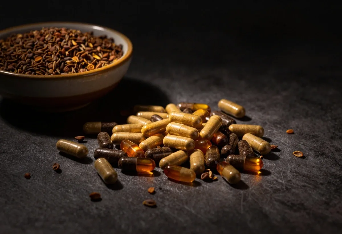 Combination supplement capsules on a dark zinc surface