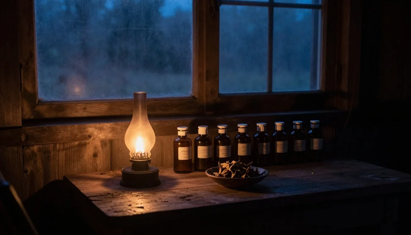 Dark timber hut interior at dusk with warm lamp glow
