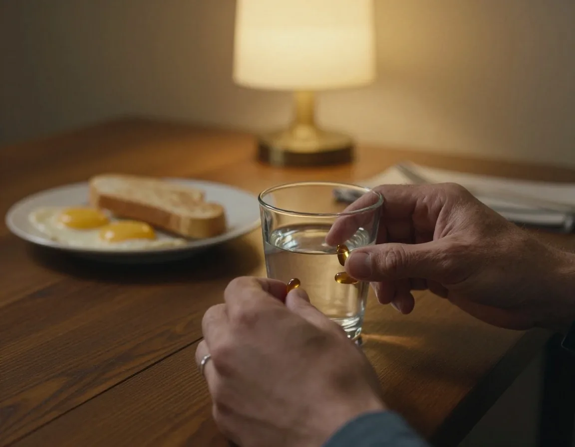 Hand placing supplement capsules beside water at breakfast